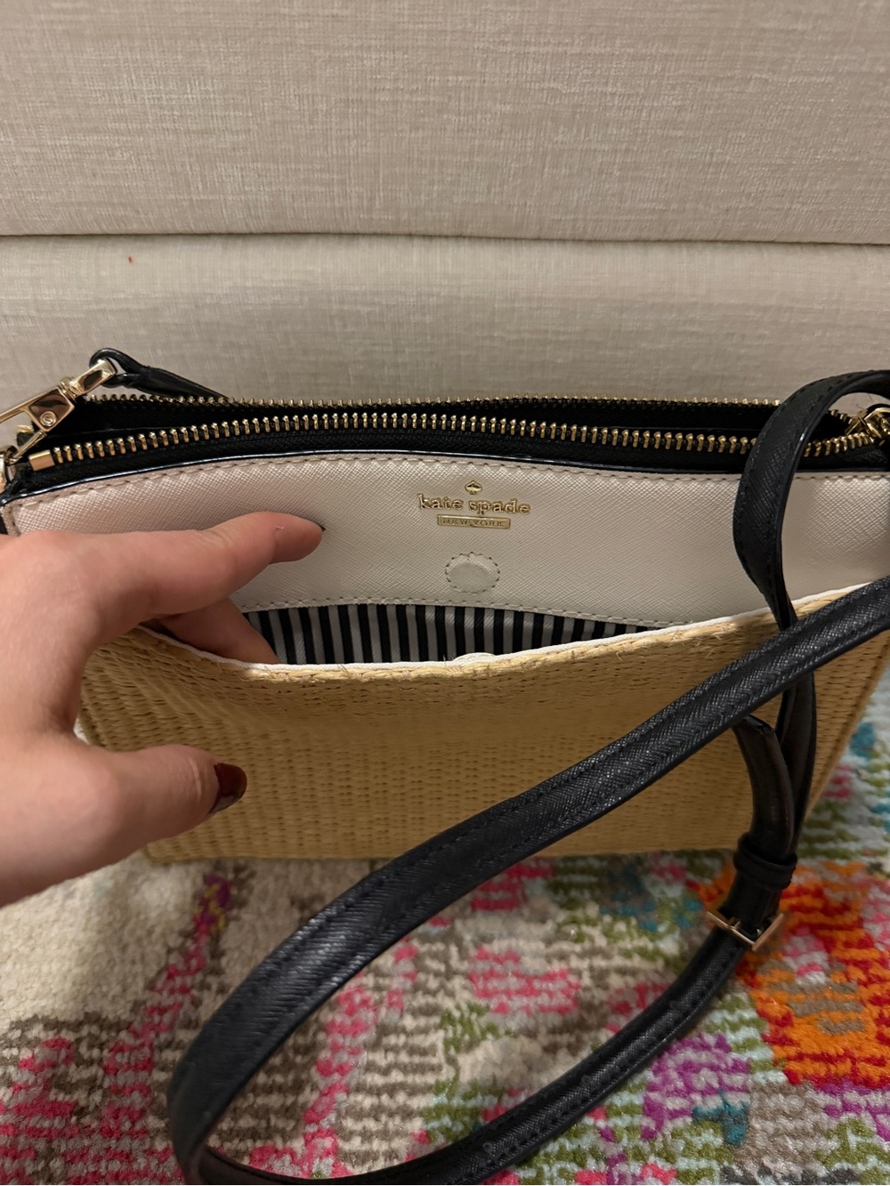 kate spade Straw Crossbody with White Leather Trim and Black Strap - Picture 3 of 5